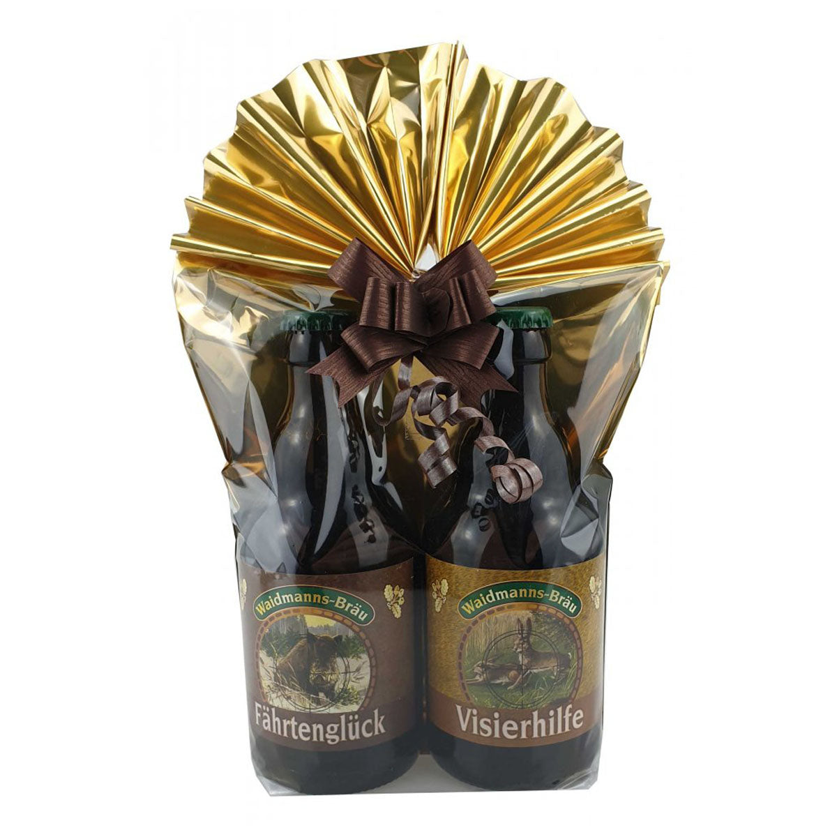 2er- Jagd Biergeschenk (Fährtenglück&Visierhilfe) in Geschenkfolie und Schleife verpackt