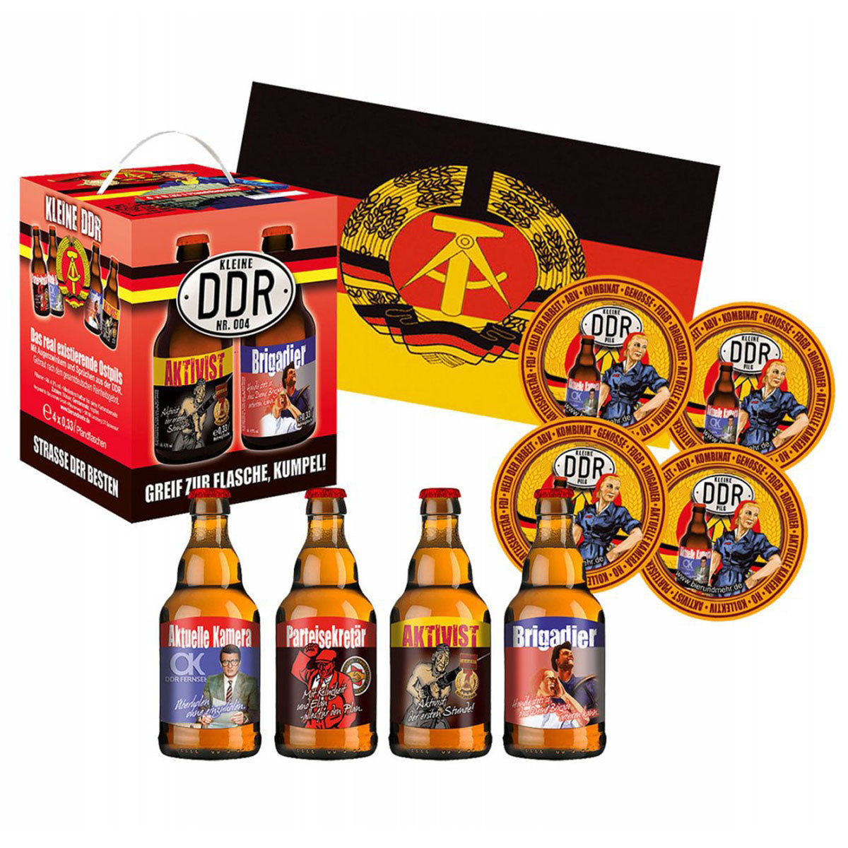 DDR Bier 4-er Bierwürfel mit DDR Fahne 150x90cm und Sammler Bierdeckel