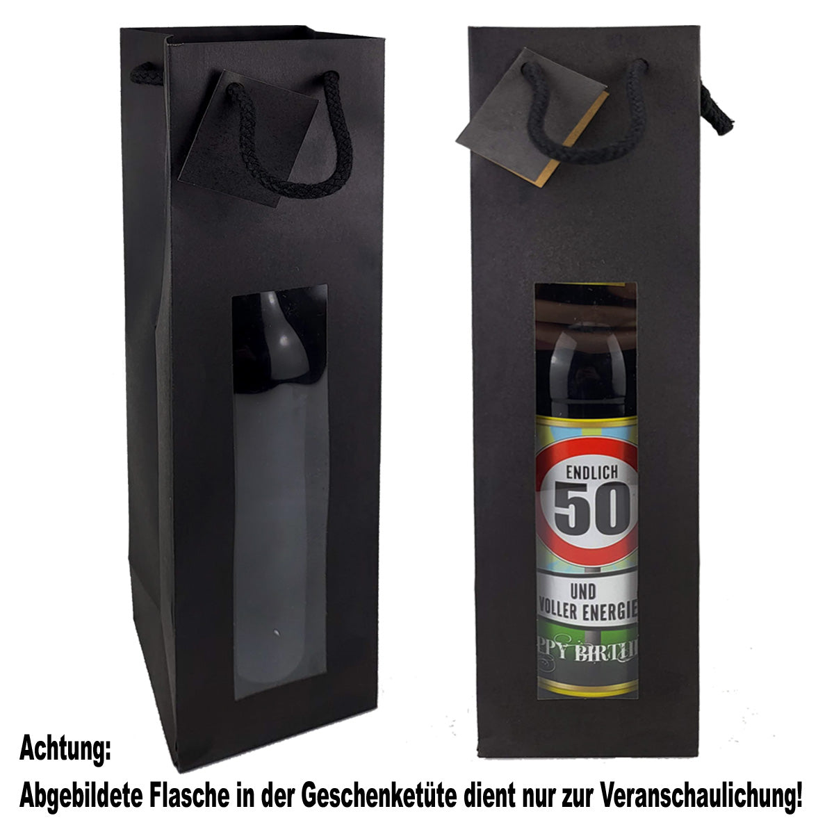 Geschenketragetüte für 1 Flasche im edlen Schwarz mit Fenster