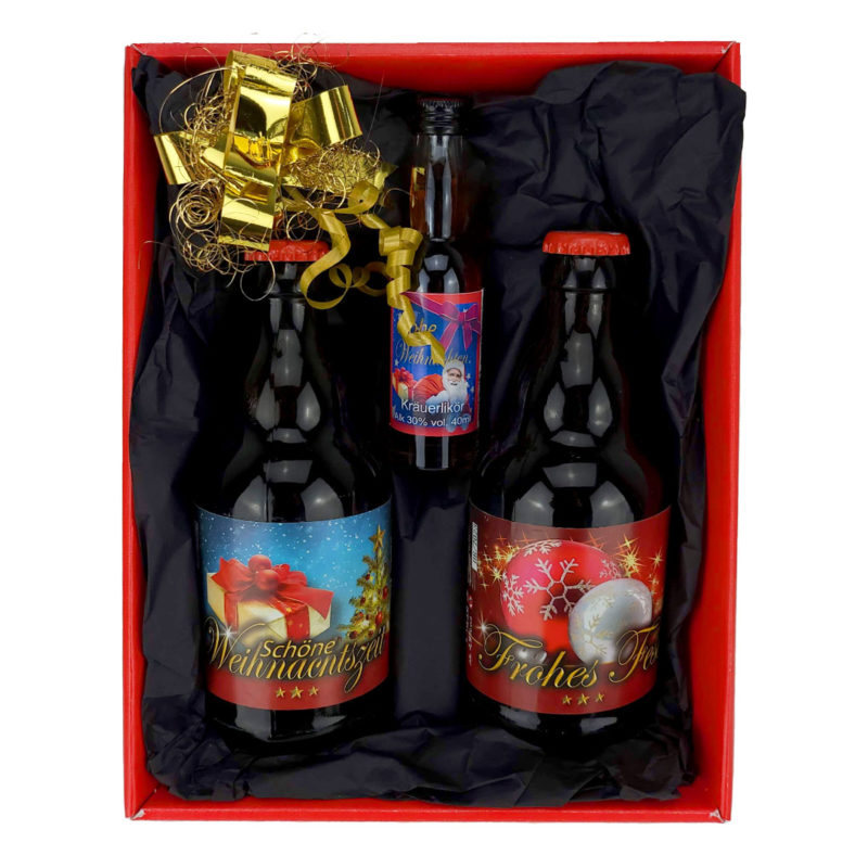 Bier Geschenk Präsentkarton Geschenkverpackung Weihnachtsbier Kräuterlikör Frohe Weihnachten
